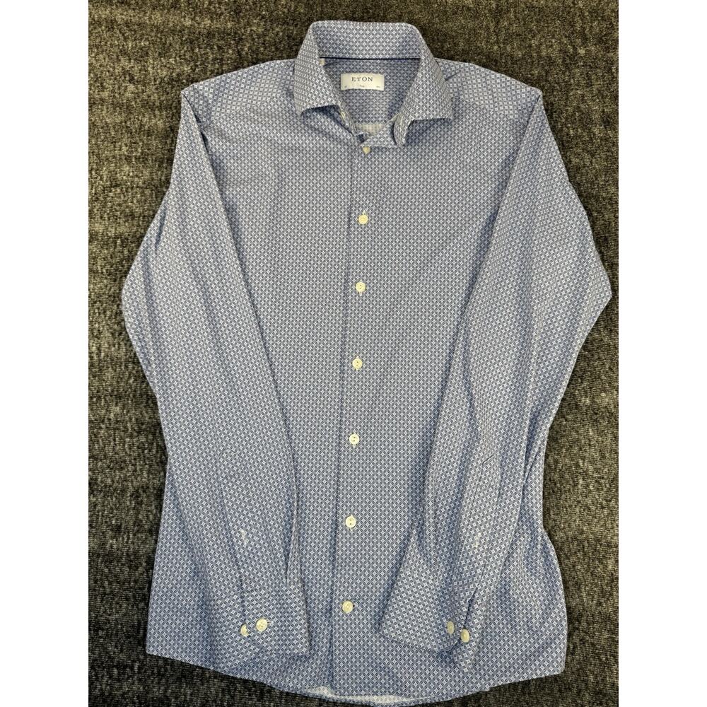 Mens Eton Made In Romania Blue Geometric Print Longsleeve Shirt Size 37 14 1/2